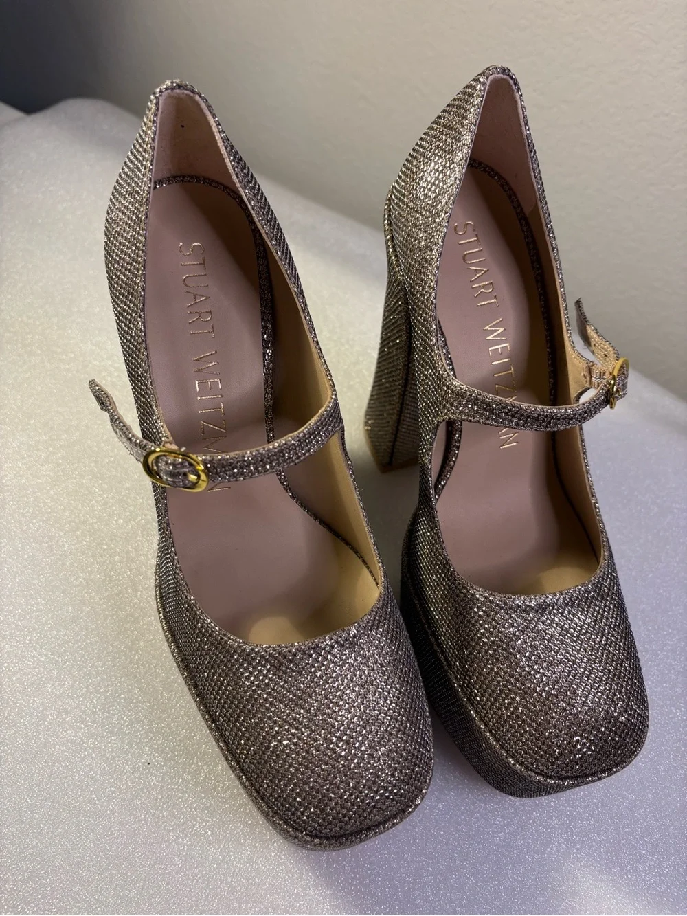 Stuart Weitzman Mary Jane Platform Heels Metallic Adobe Glitter 7 / 37.5